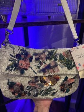 Hand Crafted in India White Beaded Shoulder Bag with Pink Floral Appliqué